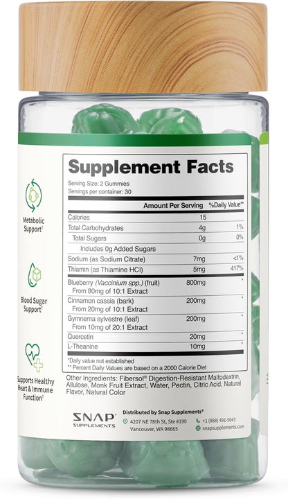 Snap Supplements Blood Sugar Gummies, Green Apple, 60 Sugar-Free Gummies | Support Already Healthy Blood Sugar Levels, with Cinnamon Bark, Blueberry Fruit Extract, Quercetin, (Packaging May Vary)
