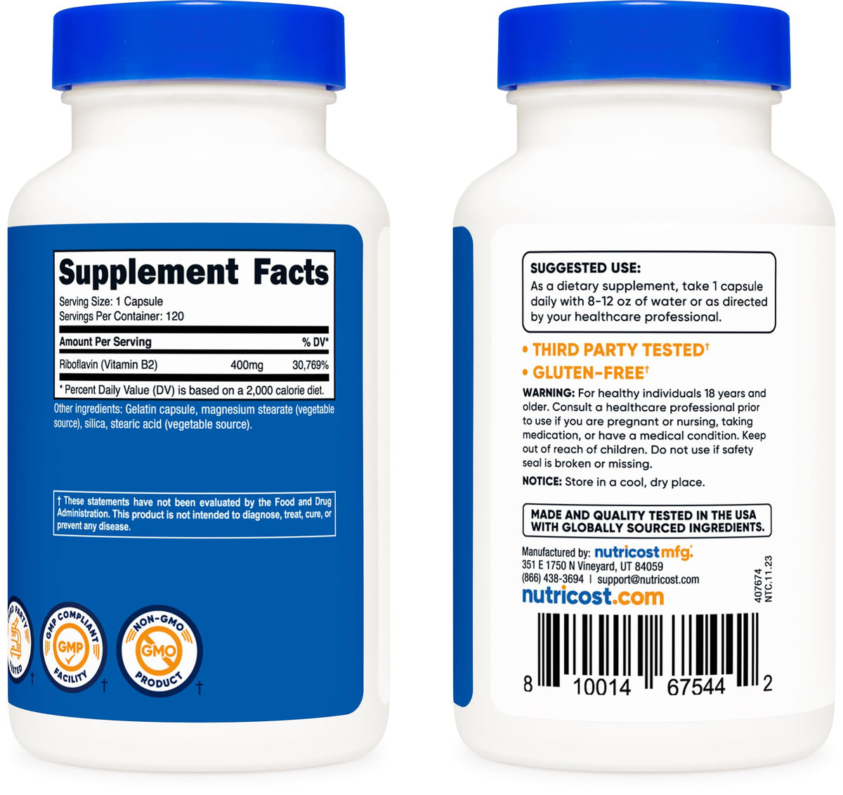 Nutricost Vitamin B2 (Riboflavin) 400mg, 120 Capsules (2 Bottles)