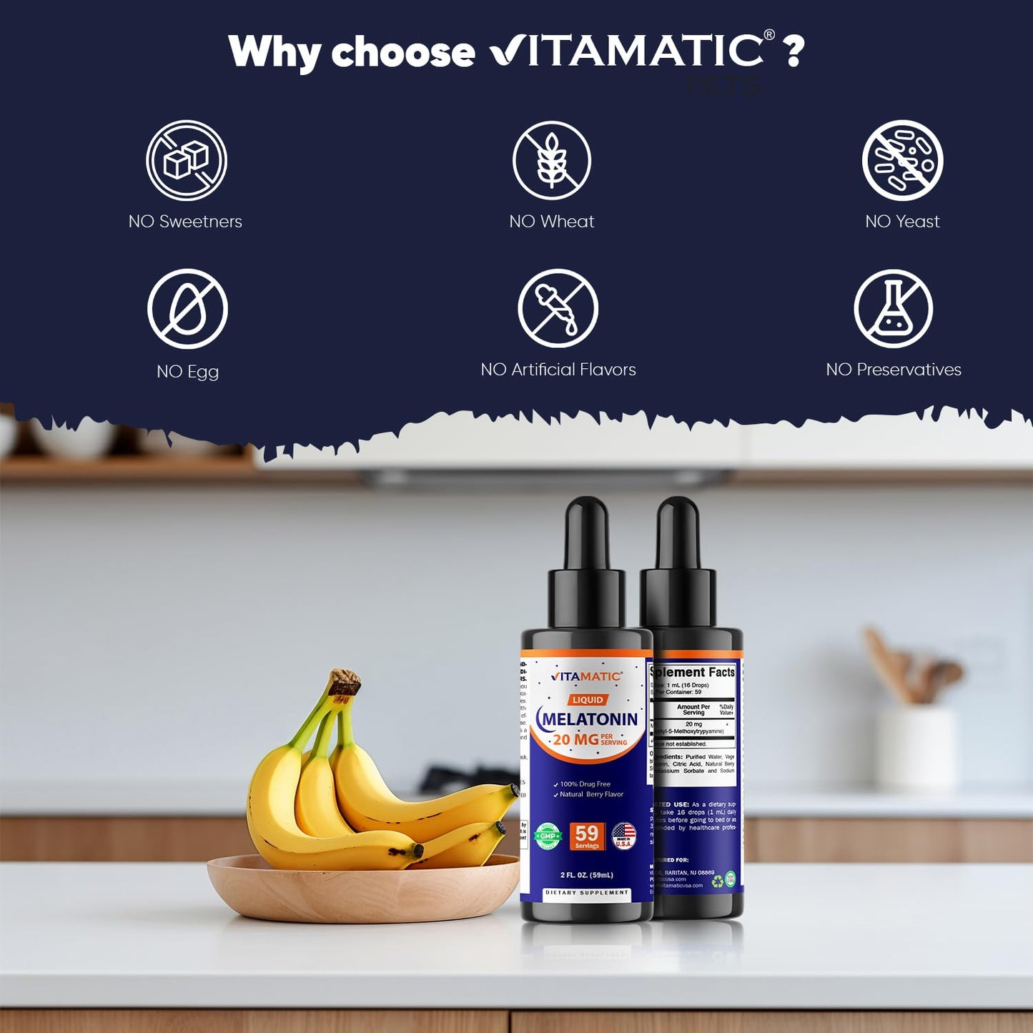 Vitamatic Liquid Melatonin 20 mg, 2 fl oz (59 mL) - 2 Pack | Sleep Support*, Natural Berry Flavor, Non GMO, Gluten Free, Made in USA