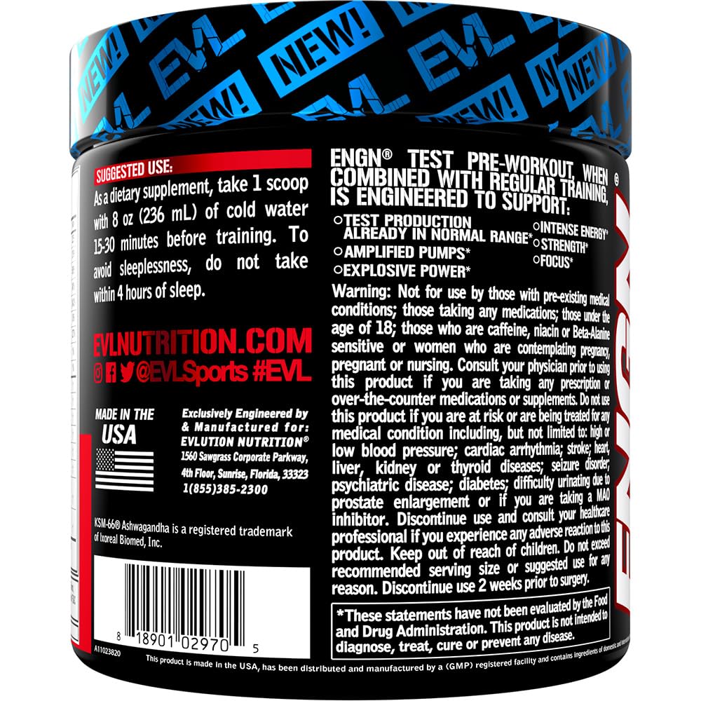 EVL Intense Pre Workout with Creatine - ENGN Energizing Pre Workout for Men Powder Drink for Lasting Energy Focus and Recovery - with Beta Alanine Caffeine and L Theanine - Blue Raz