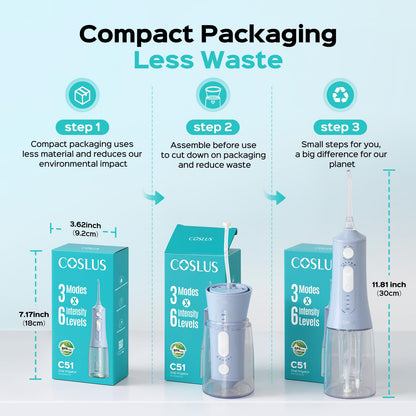 COSLUS ADA Accepted C51 Water Dental Flosser, 3 Modes 6 Pressure, White