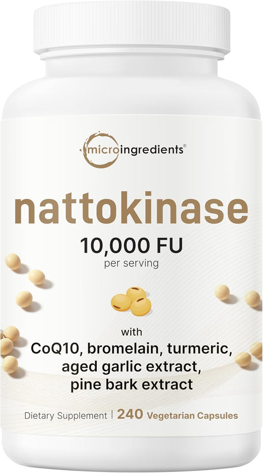 Micro Ingredients Nattokinase 10,000 FU Per Serving, 240 Veggie Capsules | Natural Natto Extract with CoQ10, Turmeric, Aged Garlic & Pine Bark Extract. Non-GMO, Gluten Free.