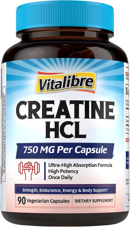 Vitalibre Creatine HCl Capsule, 750mg High Absorption Creatine Hydrochloride, Endurance, Strength, Fast Absorbing, No Load, No Bloat, Monohydrate Micronized Alternative, Once Daily, 90 Capsules