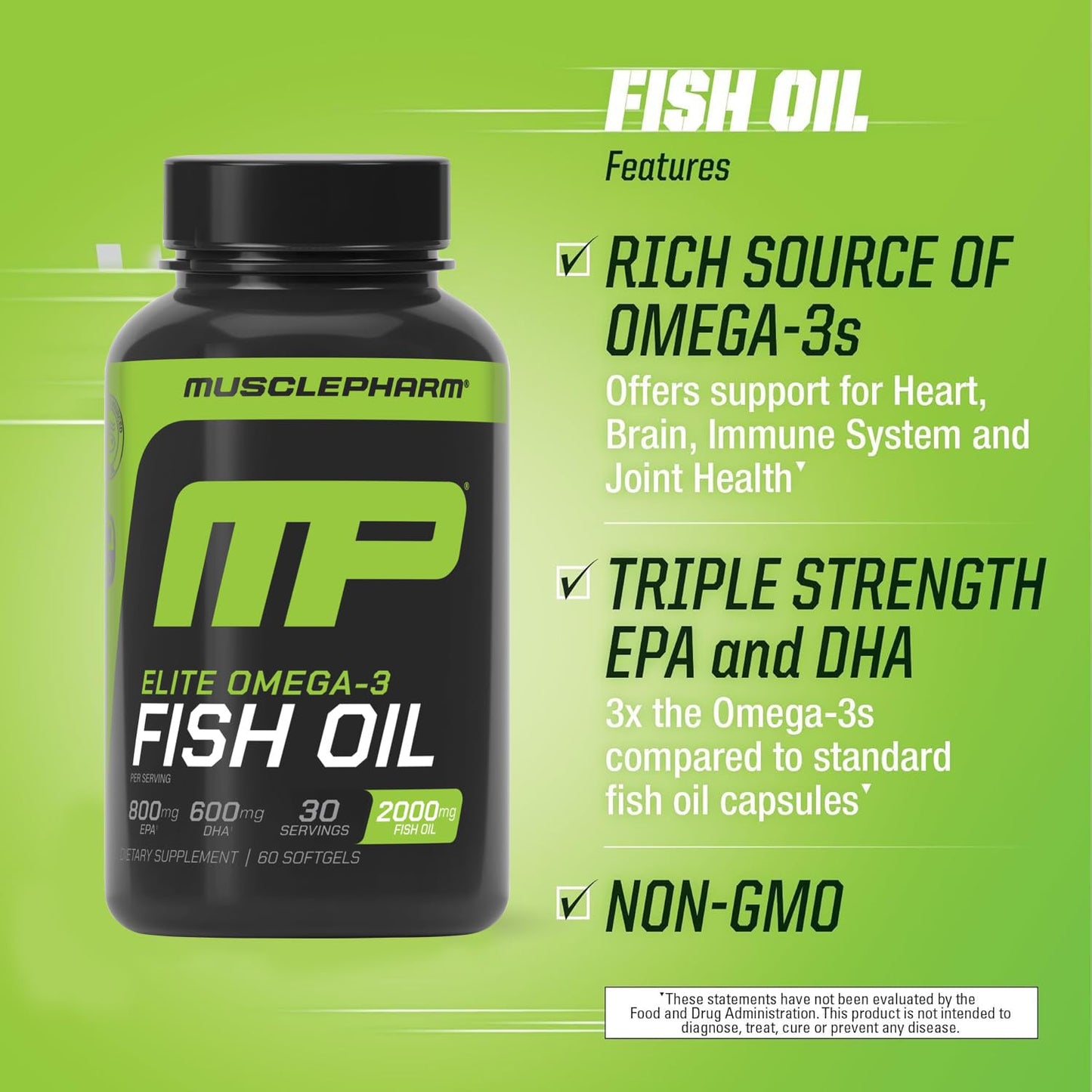 MusclePharm Essentials Fish Oil, Elite Omega 3 Supplements - Promotes Joint Health, Muscle Performance, Brain, Heart & Immune Support, 2000mg Omega 3 Fish Oil Per Serving - 60 Softgels (30 Servings)
