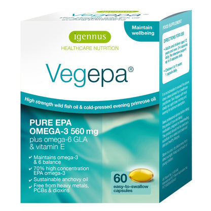 Igennus Vegepa Omega 3 Wild Fish Oil & Evening Primrose Oil Blend, 560 mg EPA Plus GLA, 60 Small Softgels