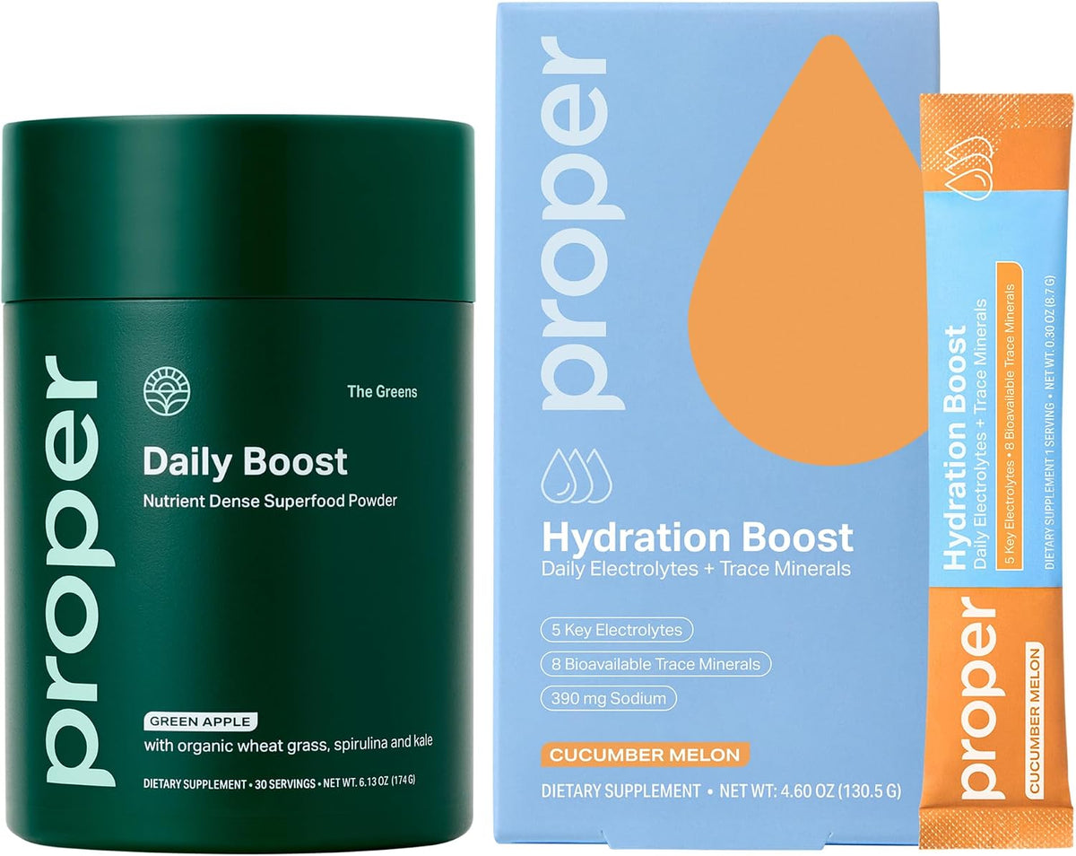 Proper Greens & Hydration Bundle – Organic Greens Powder Apple Flavor with Probiotics + Electrolyte Hydration Stick Packets Cucumber Melon