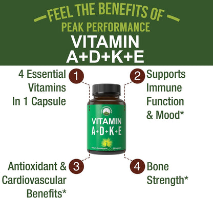 Peak Performance Vitamins D 5,000 iu + A + K + E All in 1 Easy to Swallow Vegan Capsule. ADK Vitamin Supplement with E D3 K2. Essential Vitamins for Mood, Immune, Bone, Vision, Heart