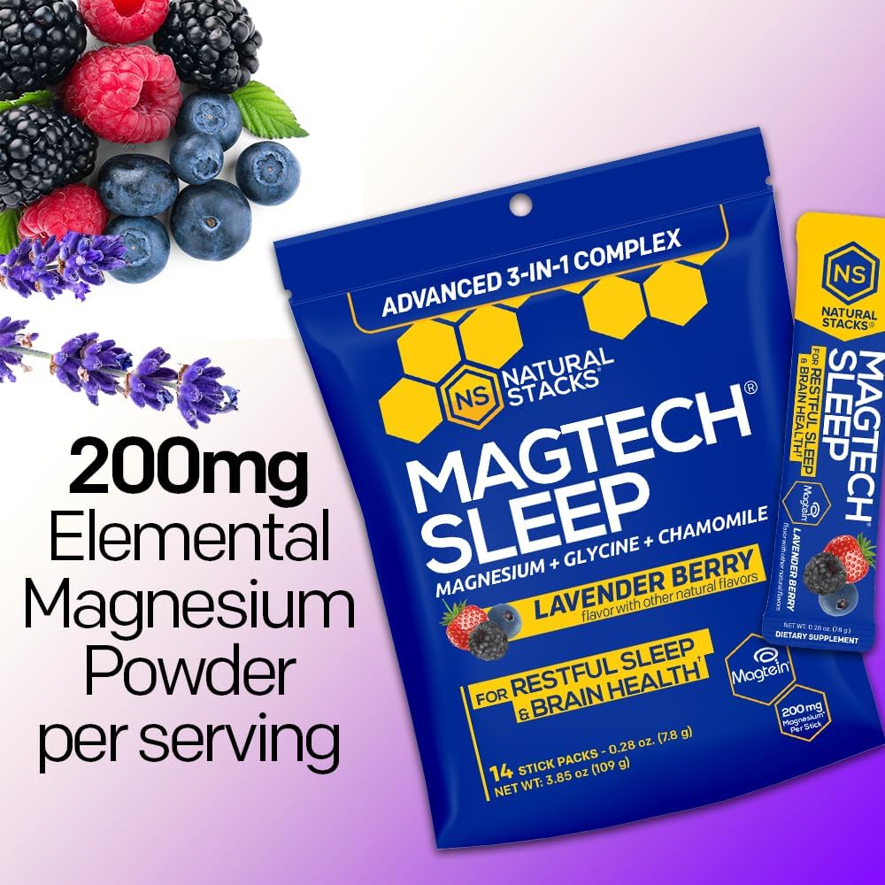 MagTech Magnesium Sleep Powder with 3g Glycine, Melatonin Free, 14 Servings | Magtein L-Threonate, Glycinate and Taurate chelated triple complex supports relaxation and deep, restful nights.
