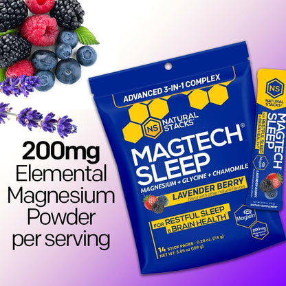MagTech Magnesium Sleep Powder with 3g Glycine, Melatonin Free, 14 Servings | Magtein L-Threonate, Glycinate and Taurate chelated triple complex supports relaxation and deep, restful nights.