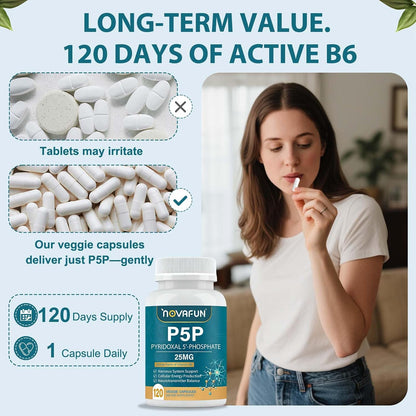 P5P 25mg - Active Vitamin B6, High Potency Pyridoxal-5-Phosphate Coenzyme Supplement, Supports Nervous System, Neurotransmitter Balance & Cellular Energy, 120 Veggie Capsules