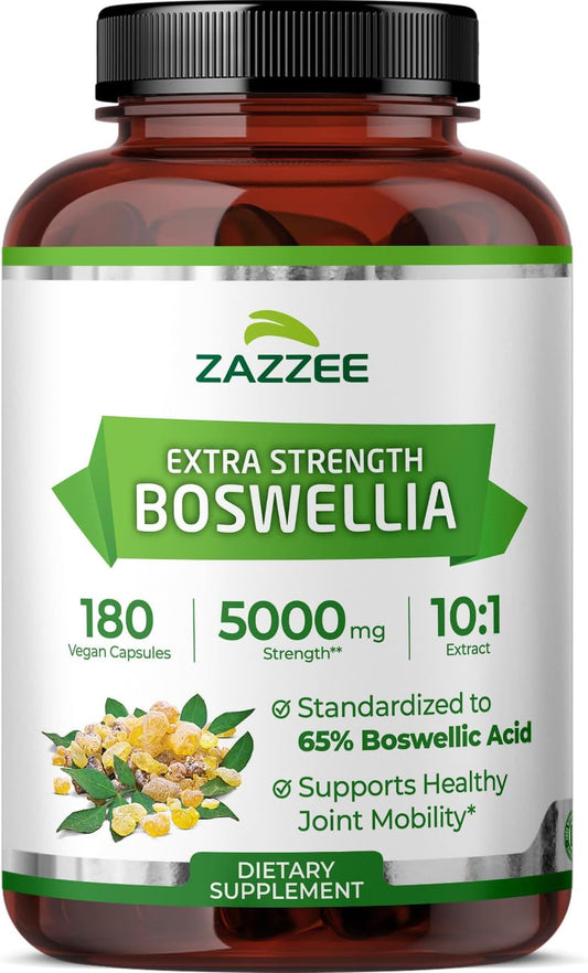 Zazzee Extra Strength Boswellia 10:1 Extract, 65% Boswellic Acid, 180 Vegan Capsules, 6 Month Supply, Boswellia Serrata, Joint Comfort, Mobility & Flexibility Support, Non-GMO, Made in the USA