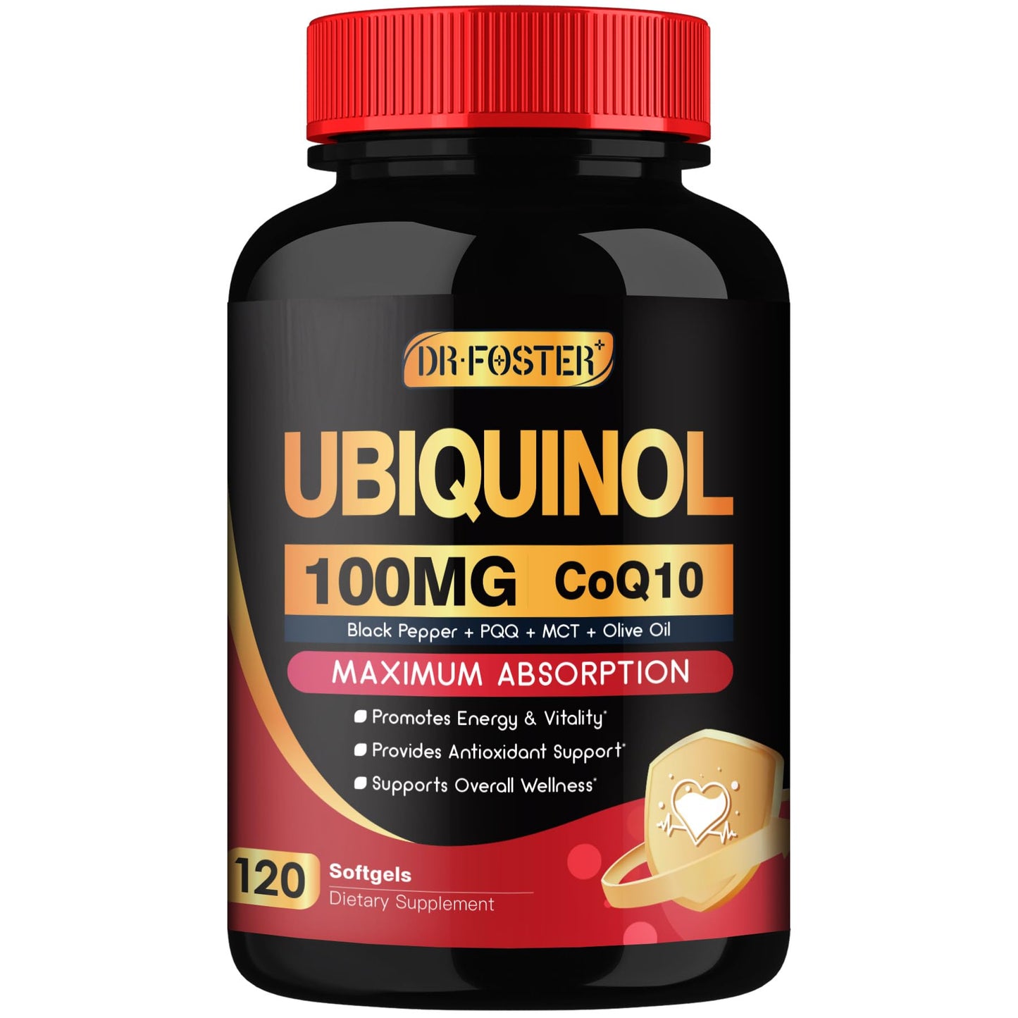 DRFOSTER CoQ10 100mg Ubiquinol - Coenzyme Q10 Co Q 10 Supplement Cq10 with PQQ & Vitamin E & Black Pepper - 120 Count