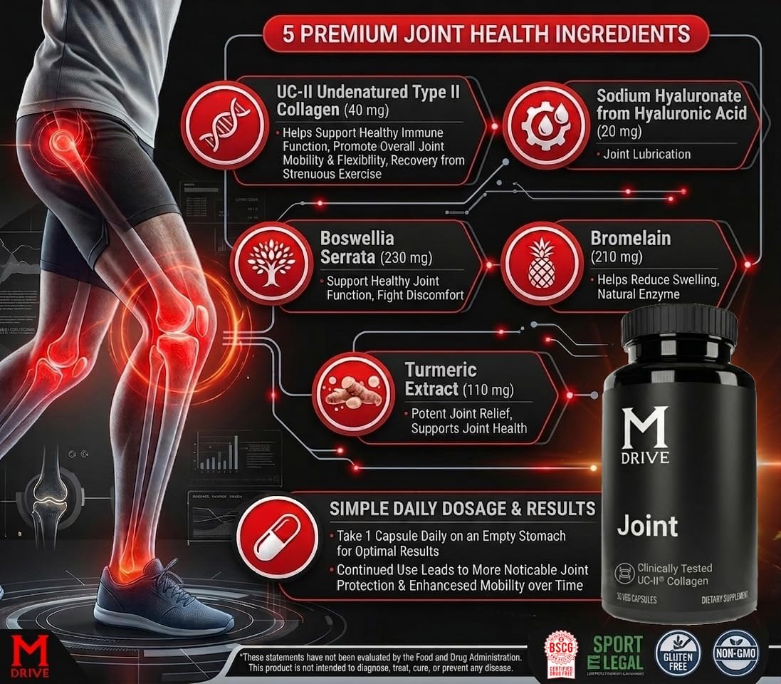 M Drive Men's Joint Support UC II Collagen Turmeric 30 Veg Capsules | Ease Discomfort Promote Flexibility Active Mobility Hyaluronic Acid Boswellia Bromelain Sport Legal Non GMO Gluten Free