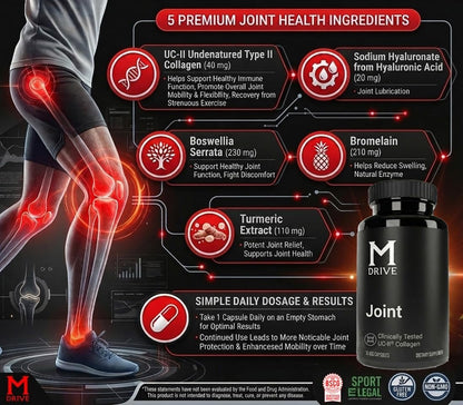 M Drive Men's Joint Support UC II Collagen Turmeric 30 Veg Capsules | Ease Discomfort Promote Flexibility Active Mobility Hyaluronic Acid Boswellia Bromelain Sport Legal Non GMO Gluten Free