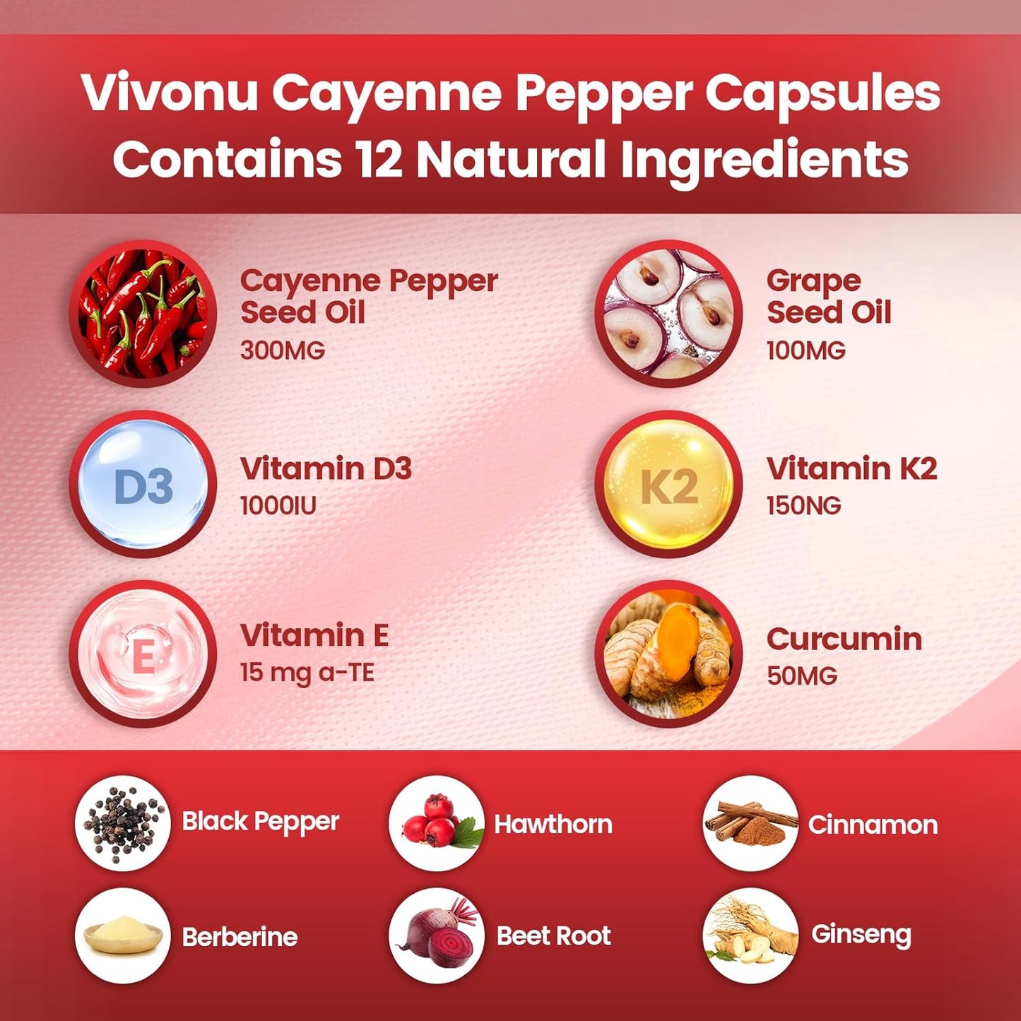 VivoNu Cayenne Pepper Softgels Supplement with Vitamin E D3+K2 and Extracts of Grape Seed, Hawthorn, Beetroot, Berberine and Others, Supports Leg Vein, Heart and Blood Vessel Health