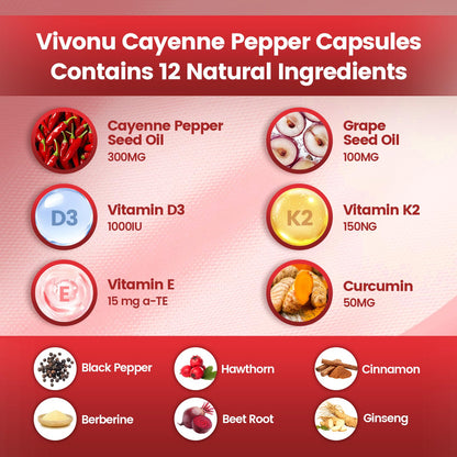 Cayenne Pepper Softgels Supplement, Supports Leg Vein, Heart and Blood Vessel Health, with Vitamin E D3+K2 and Extracts of Grape Seed, Hawthorn, Beetroot, Berberine and Others (Softgels / 1 Bag)
