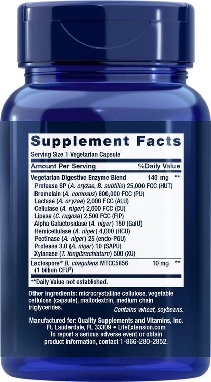 Life Extension Enhanced Super Digestive Enzymes and Probiotics, 60 Capsules | B. Coagulans Probiotic & Blend of 10 Digestive Enzymes, Supports Digestion, Comfort & GI Balance for Plant-Based Diets