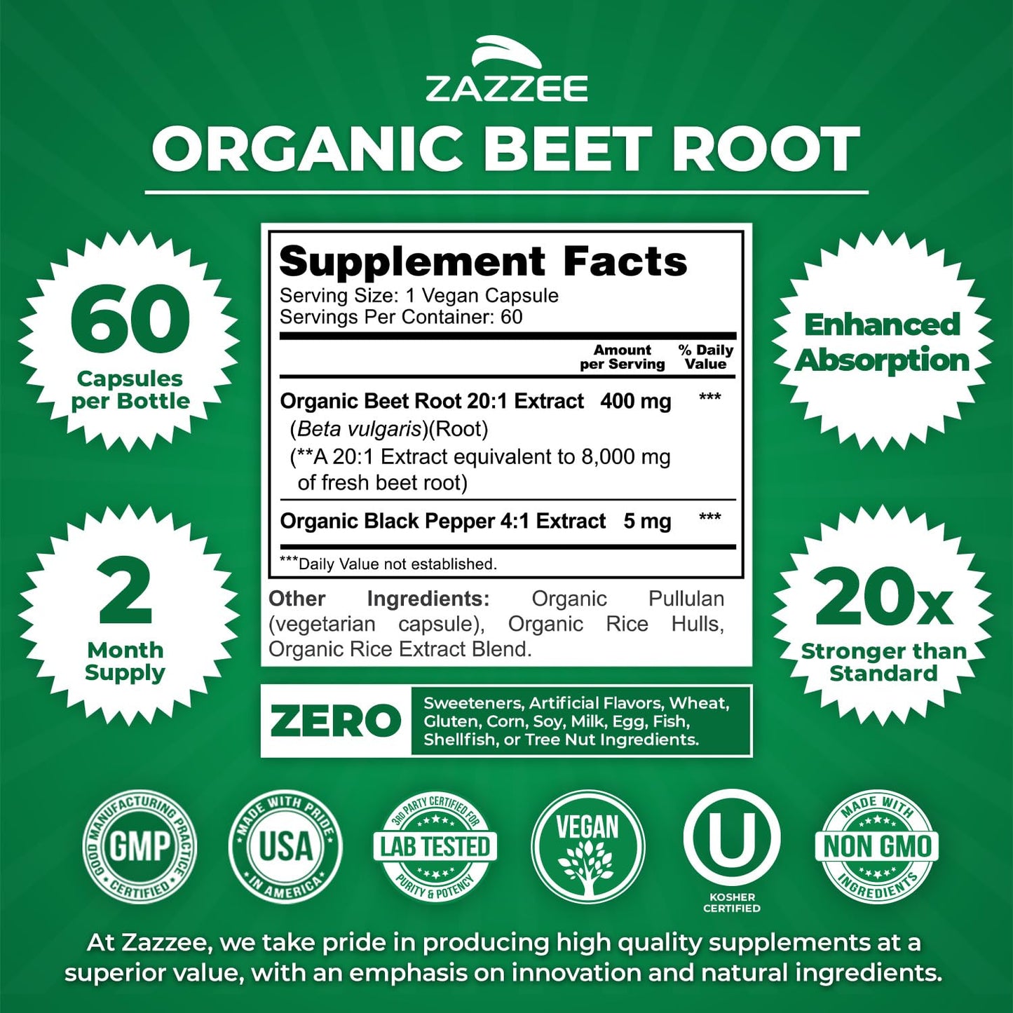 Zazzee USDA Organic Beet Root 20:1 Extract, 120 Vegan Quick Release Capsules, 4 Month Supply, Nitric Oxide Support, Black Pepper Extract for Enhanced Absorption, Certified Kosher, Non-GMO, Made in USA
