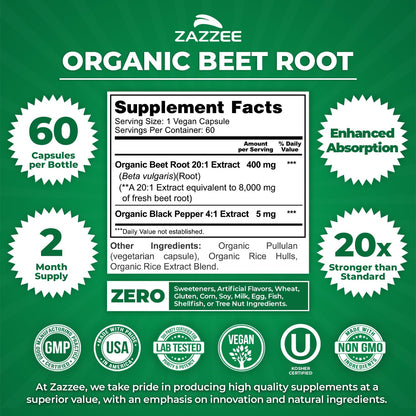 Zazzee USDA Organic Beet Root 20:1 Extract, 120 Vegan Quick Release Capsules, 4 Month Supply, Nitric Oxide Support, Black Pepper Extract for Enhanced Absorption, Certified Kosher, Non-GMO, Made in USA