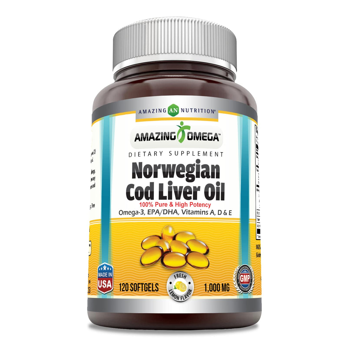Amazing Omega Norwegian Cod Liver Oil 1000 Mg 250 Softgels | Lemon Flavor