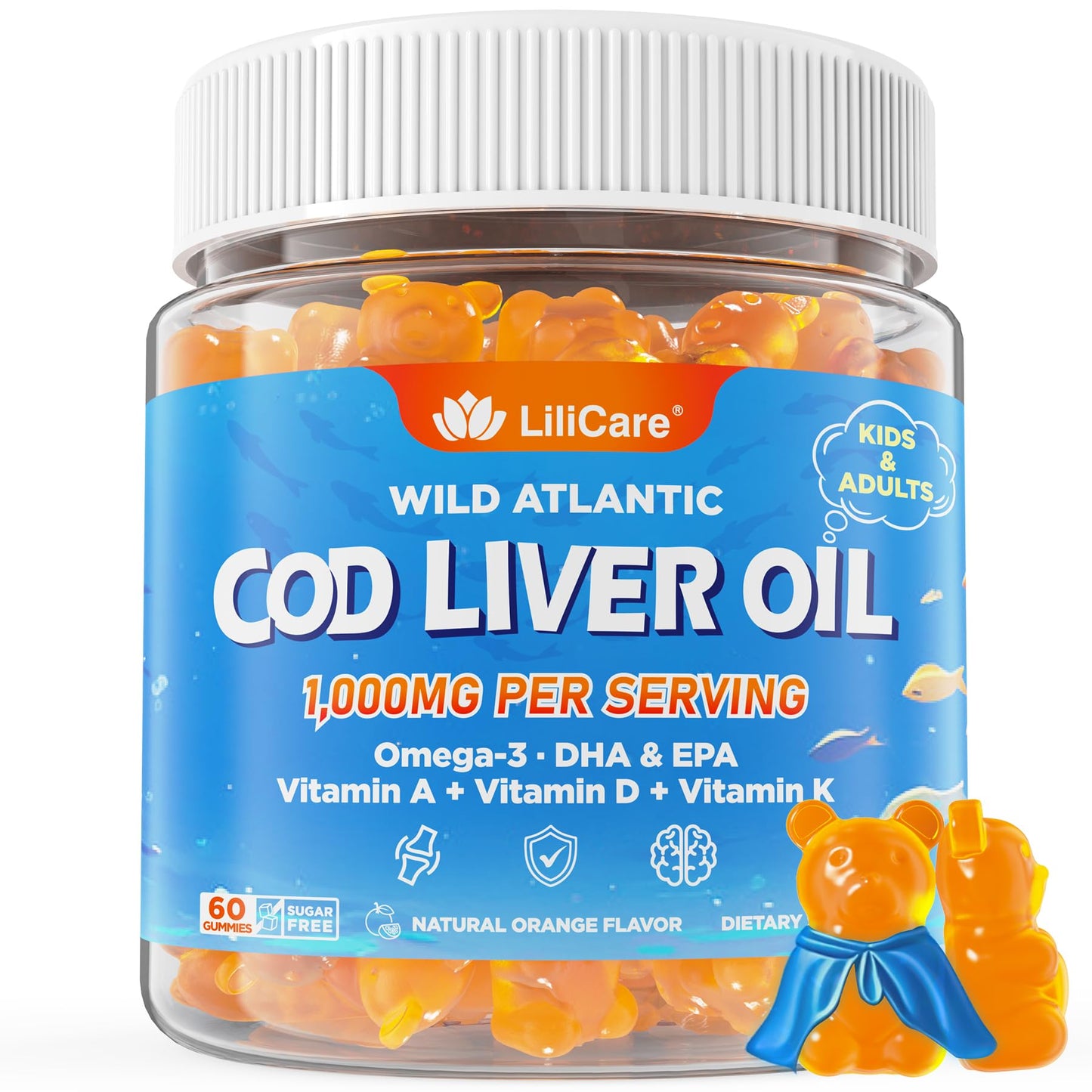 Cod Liver Oil Gummies 1000mg for Kids & Adults - w/Omega 3 (EPA & DHA), Vitamins A, D3 & K2 - Cod Liver Oil Omega 3 Gummies for Immune, Brain & Cognitive Support, SugarFree, Orange Flavor, 120Cts