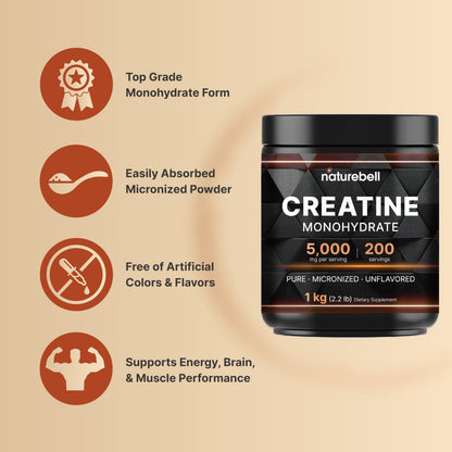 NatureBell Creatine Monohydrate Powder 1,000g, 5,000mg Per Serving, 200 Servings (2.2 lb) | Micronized, Pure & Unflavored | Pre-Workout Muscle Support* | Keto, Vegan, Filler-Free