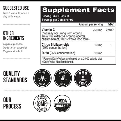 Organic Vitamin C | Whole Food Vitamin C from Fruit Plus Absorption Enhancing Cofactors - Vegan, Enhanced Bioavailability - Immune Support, Antioxidant, Total Health (90 Servings)