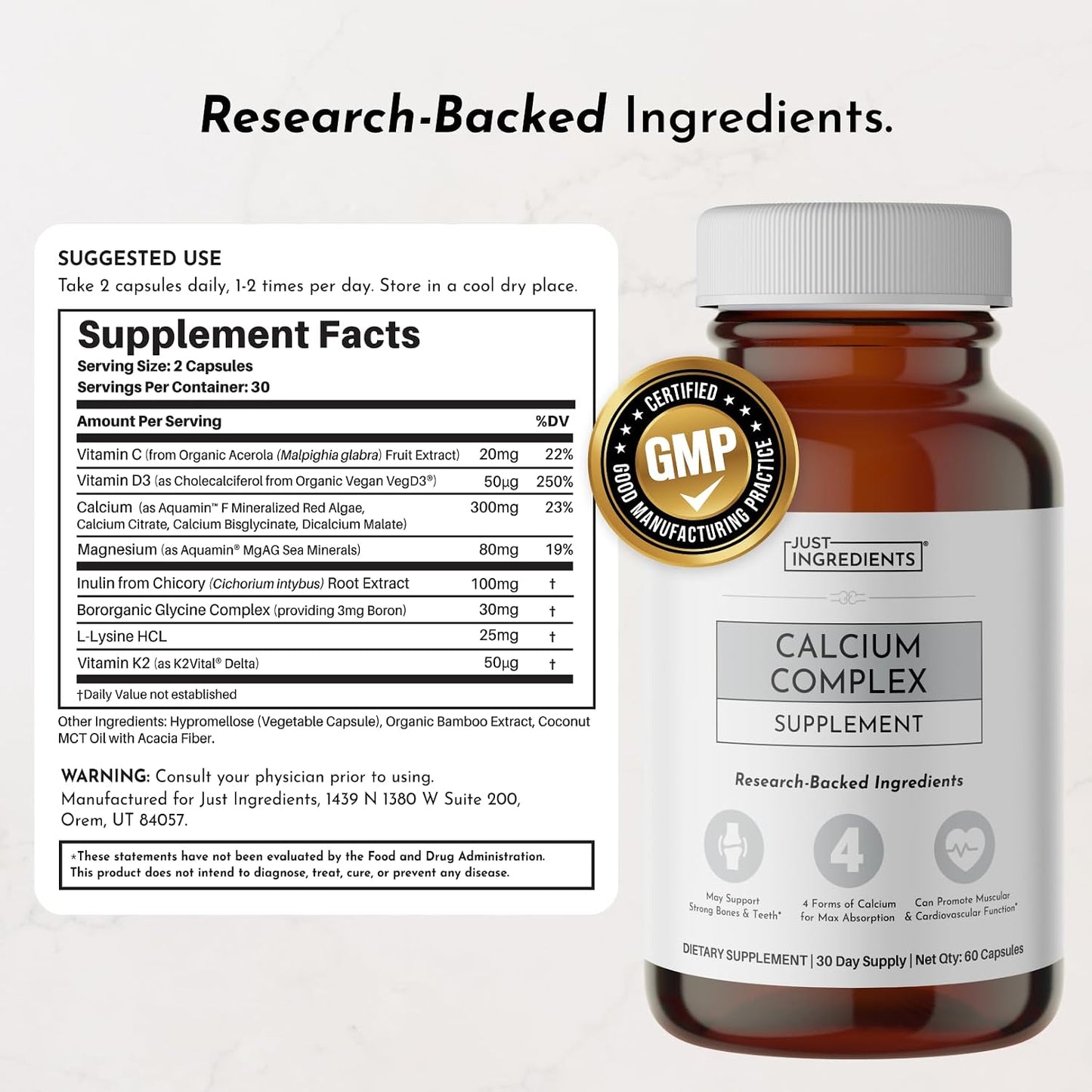 Calcium Complex – 60‑Capsule Featuring Aquamin® Red Algae, Calcium Citrate, Bisglycinate & Malate, Vitamin D3 (VegD3®) & K2 (K2Vital®), Vitamin C, Boron & L‑Lysine – Optimized Absorption & Bone Health