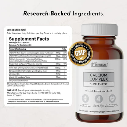 Calcium Complex – 60‑Capsule Featuring Aquamin® Red Algae, Calcium Citrate, Bisglycinate & Malate, Vitamin D3 (VegD3®) & K2 (K2Vital®), Vitamin C, Boron & L‑Lysine – Optimized Absorption & Bone Health