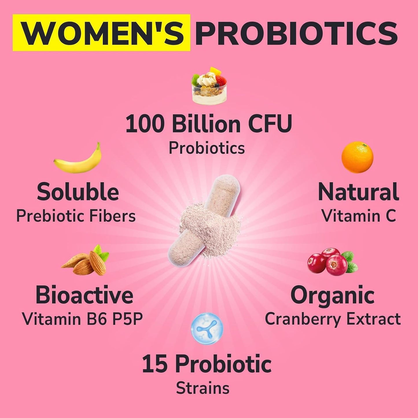 Vitalibre Probiotics for Women 100 Billion CFU 15 Strains, Daily Probiotic | 30 Vegan Capsules, Prebiotic Supplement with Organic Cranberry to Support Vaginal, Digestive, Immune Health, Shelf Stable