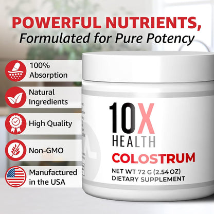 10X Health Bovine Colostrum Powder - 60 Servings | Gut Health Supplement: Organic, with Cat's Claw & Lactoferrin, Easy-Mix, 60 Servings