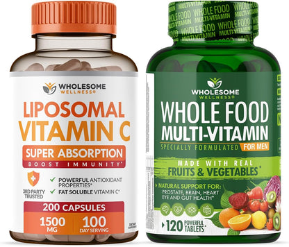 Wholesome Wellness Liposomal Vitamin C Capsules (200 Pills 1500mg Buffered) High Absorption + Food Multivitamin for Men - Natural Multi Vitamins, Minerals, Organic Extracts Bundle