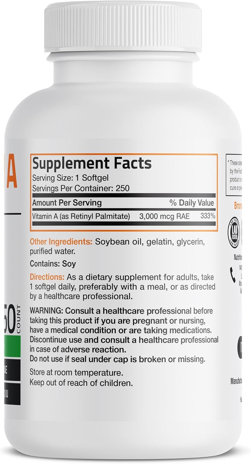 Bronson Vitamin A 10,000 IU Healthy Vision and Immune Support, 250 Softgels | Vitamin A Palmitate, Once-Daily Rapid Release, Skin, Growth & Reproduction Support, Non-GMO