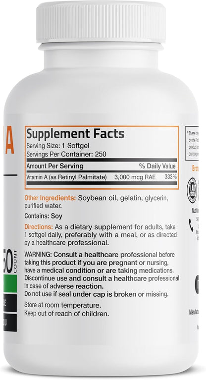 Bronson Vitamin A 10,000 IU Healthy Vision and Immune Support, 250 Softgels | Vitamin A Palmitate, Once-Daily Rapid Release, Skin, Growth & Reproduction Support, Non-GMO