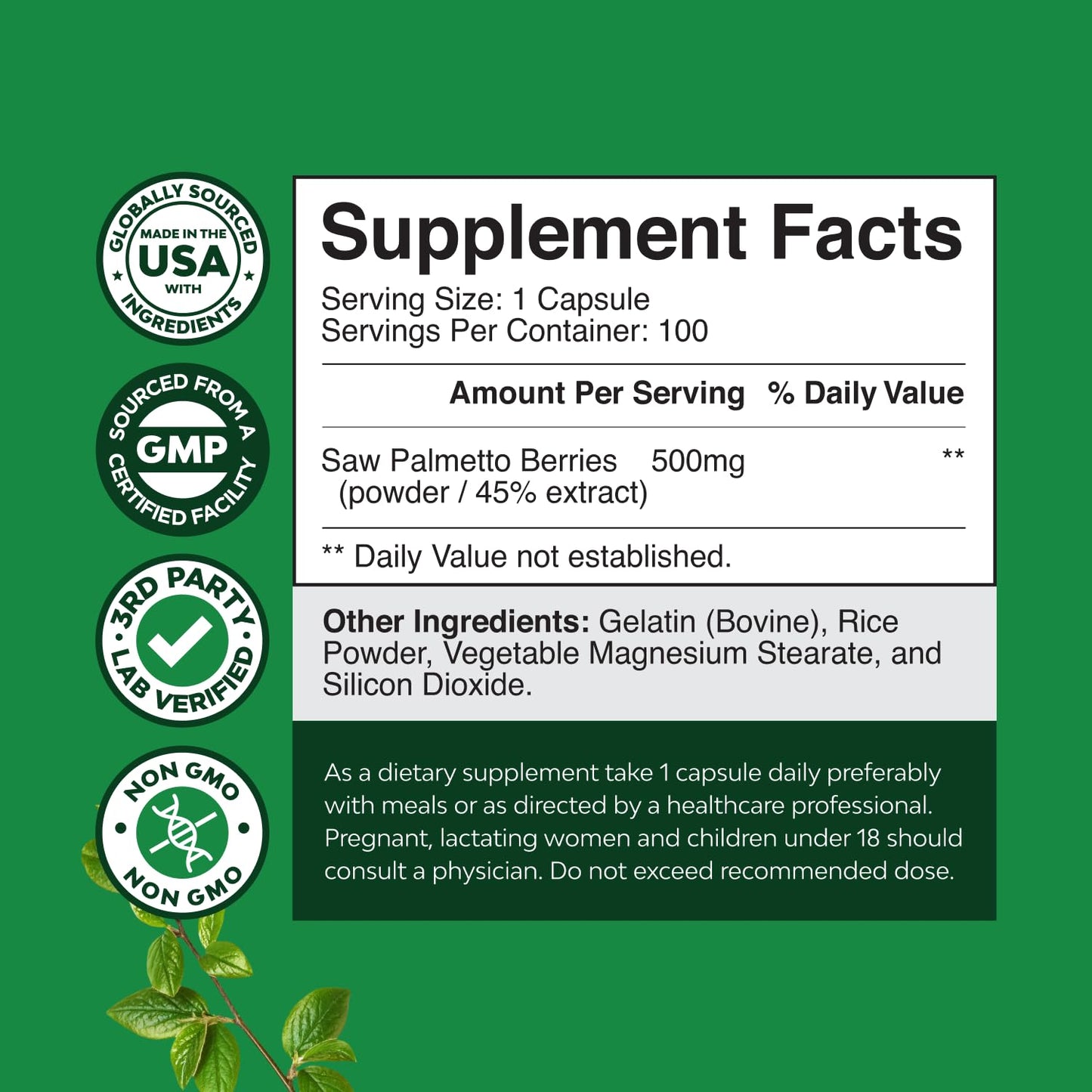 Extra Strength Saw Palmetto Extract - Advanced Herbal Complex for Hair Health and Urinary Support with Plant Sterols & Flavonoids - Potent Herbal Supplement with 500mg per Serving - 100 Count