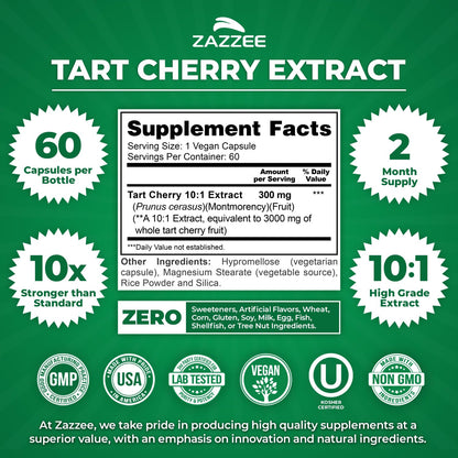 Zazzee Tart Cherry 10:1 Extract, 200 Vegan Capsules, 6+ Month Supply, Montmorency Cherry, Certified Kosher, Joint & Uric Acid Support, Antioxidant Support Formula, Non-GMO, Made in the USA