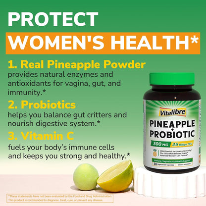 Vitalibre Pineapple + Probiotic, 300 mg, 25 Billion CFUs, 13 Strains, Natural Vitamin C, Powerful Antioxidants, for Immunity, Vaginal, Gut Health, 30 Vegan Capsules, Non GMO