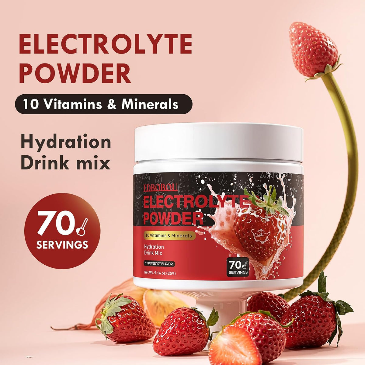 Sugar Free Electrolyte Powder Strawberry 70 Servings Refreshing Hydration Mix with Potassium, Sodium & Magnesium Fast-Absorbing Hydration Supplement, Gluten-Free, Ideal for Athletes