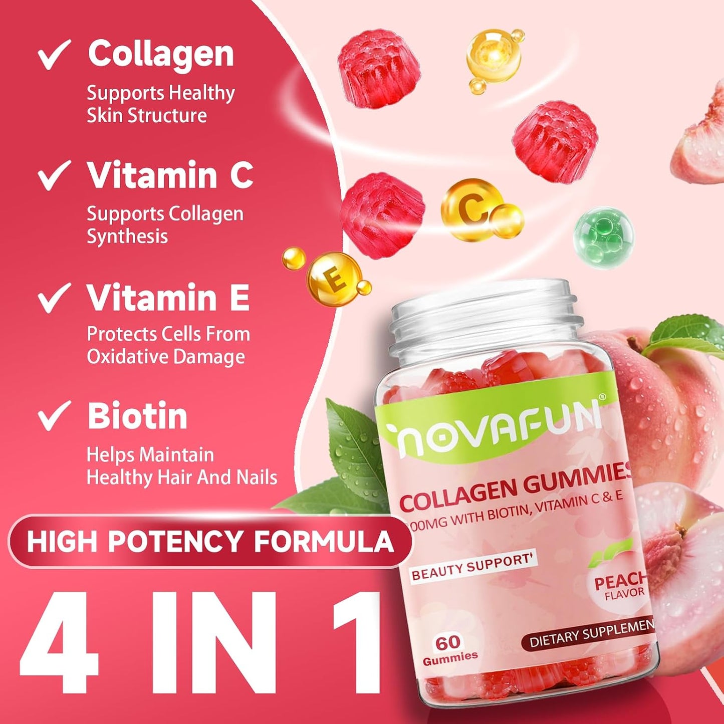 Collagen Gummies for Women - 300mg Collagen with Biotin, Vitamins C & E - Hair, Skin & Nails Supplement - Gluten Free, Vegetarian, Peach Flavor, 60 Gummies