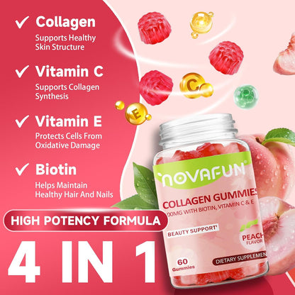 Collagen Gummies for Women - 300mg Collagen with Biotin, Vitamins C & E - Hair, Skin & Nails Supplement - Gluten Free, Vegetarian, Peach Flavor, 60 Gummies