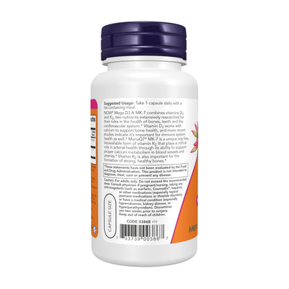NOW Foods Supplements, Mega D-3 & MK-7 with Vitamins D-3 & K-2, 5,000 IU/180 mcg, Bone & Cardiovascular Support*, 60 Veg Capsules