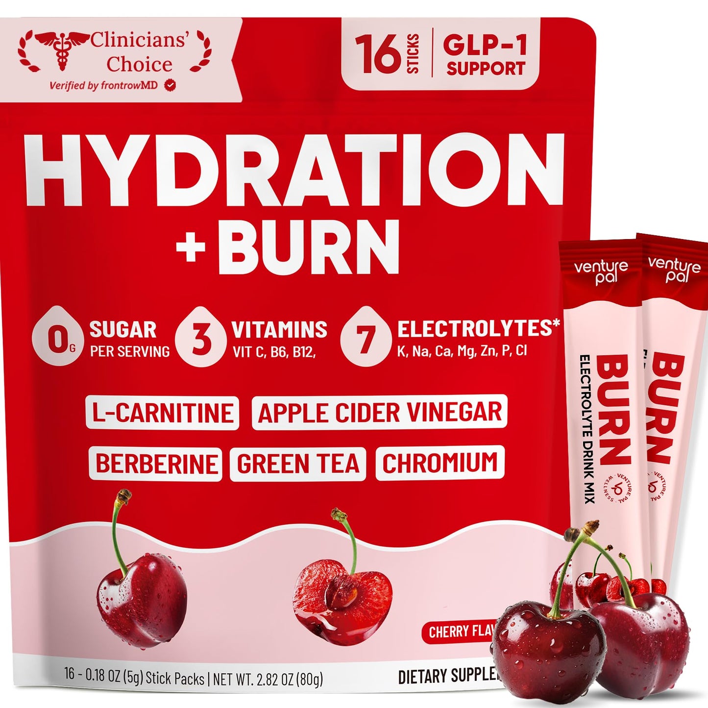 Venture Pal Electrolyte Packets + Burn Support, Sugar Free, 16 Sticks | 7 Electrolytes + L-Carnitine, Berberine, ACV, Chromium, Green Tea, Metabolic Support, Keto Friendly, Vegan, Liquid Daily IV