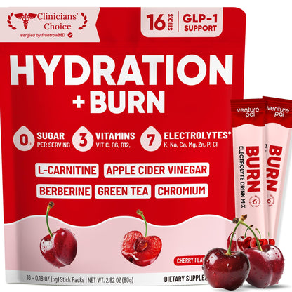 Venture Pal Electrolyte Packets + Burn Support, Sugar Free, 16 Sticks | 7 Electrolytes + L-Carnitine, Berberine, ACV, Chromium, Green Tea, Metabolic Support, Keto Friendly, Vegan, Liquid Daily IV