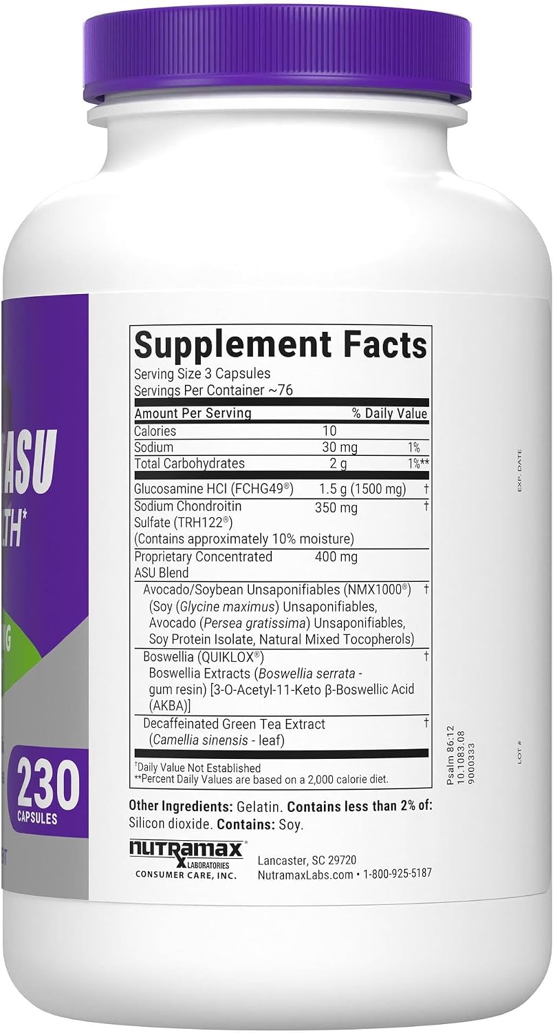 Nutramax Cosamin ASU Faster-Acting Joint Health Supplement, 230 Capsules | Faster-Acting Formula with Glucosamine, Chondroitin, ASU, and Boswellia for Joint Support, Third Party Tested