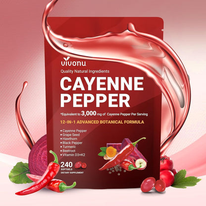 VivoNu Cayenne Pepper Softgels Supplement with Vitamin E D3+K2 and Extracts of Grape Seed, Hawthorn, Beetroot, Berberine and Others, Supports Leg Vein, Heart and Blood Vessel Health