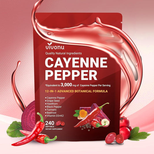 VivoNu Cayenne Pepper Softgels Supplement with Vitamin E D3+K2 and Extracts of Grape Seed, Hawthorn, Beetroot, Berberine and Others, Supports Leg Vein, Heart and Blood Vessel Health