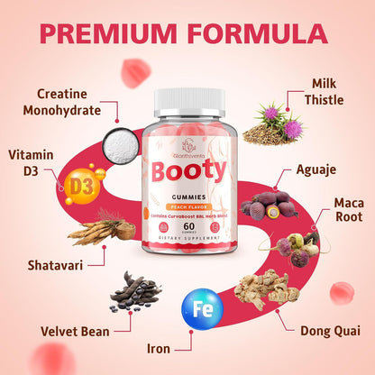 Booty Gummies for Women - BBL Gummies with Creatine Monohydrate, Milk Thistle, Vitamins D3 & Herbal Blend - Zero Sugar, Vegan, Peach Flavor, 60 Counts