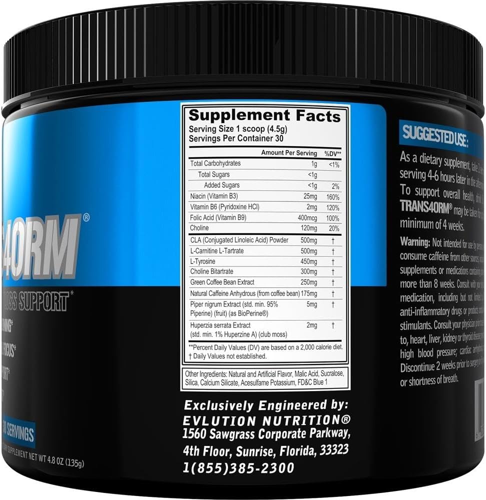 Evlution Thermogenic Fat Burning Support Powder Nutrition Trans4orm Fast Acting Energy Powder to Support Fast Metabolism Weight Loss and Mental Focus with CLA Carnitine and Alpha GPC - Blue Raz
