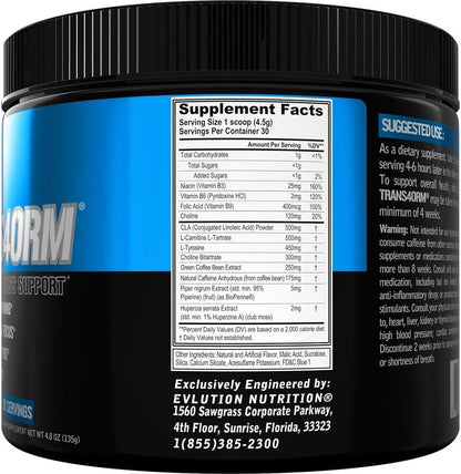Evlution Thermogenic Fat Burning Support Powder Nutrition Trans4orm Fast Acting Energy Powder to Support Fast Metabolism Weight Loss and Mental Focus with CLA Carnitine and Alpha GPC - Blue Raz