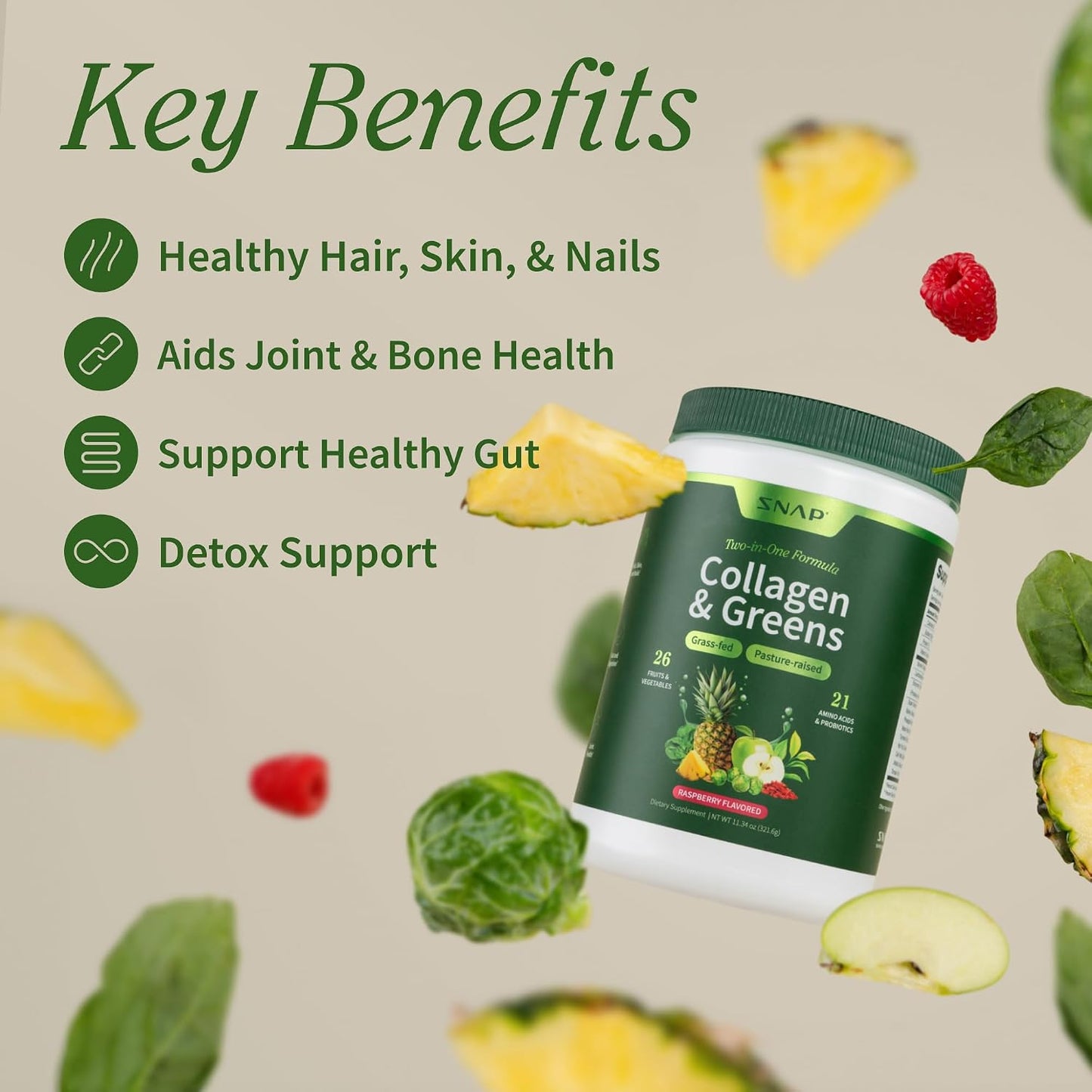 Snap Supplements Super Greens Powder with Collagen Peptides, 11.34 oz | 26 Fruits and Vegetables, Grass Fed, Non-GMO Daily Greens for Hair, Skin, Nails & Joint Support, 30 Servings, 1 Month Supply